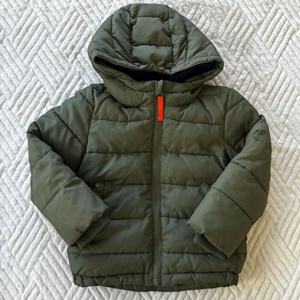 Primary Kids Puffer Parka Jacket 3T Olive Green Hooded Winter Coat